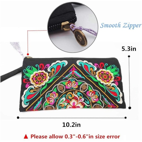 NEW| Boho Embroidered Flower Wristlet Clutch Handbag - Picture 10 of 11